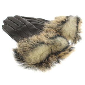 UGG 【アグ / レディース 手袋 タッチスクリーン対応 グローブ 15053 / LEATHER GLOVE WITH LONG FUR CUFFS / BROWN ブラウン】