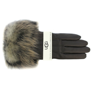 UGG 【アグ / レディース 手袋 タッチスクリーン対応 グローブ 15053 / LEATHER GLOVE WITH LONG FUR CUFFS / BROWN ブラウン】