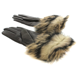 UGG 【アグ / レディース 手袋 タッチスクリーン対応 グローブ 15053 / LEATHER GLOVE WITH LONG FUR CUFFS / BROWN ブラウン】